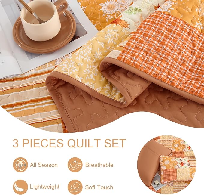 Mybedsoul Orange Boho Quilt Set Queen Size, 3 Pieces Plaid Floral Bedspread - Image 6