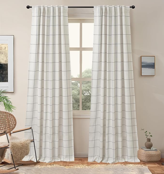 DriftAway 100% Blackout Plaid Linen Curtains 108 Inches Long 2 Panels Gray | by DriftAway