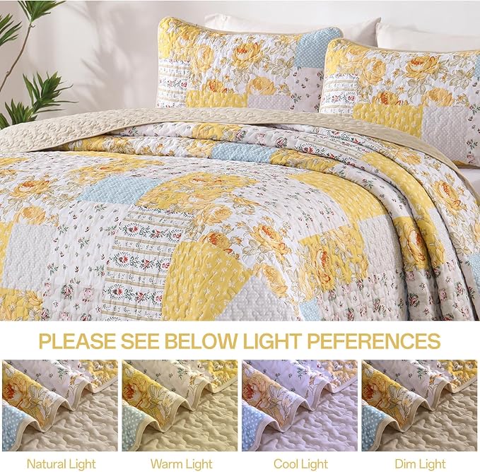 Yellow Patchwork Quilt Set King Size, Rose Floral Plaid Bedspread | 3 Pcs - Image 5