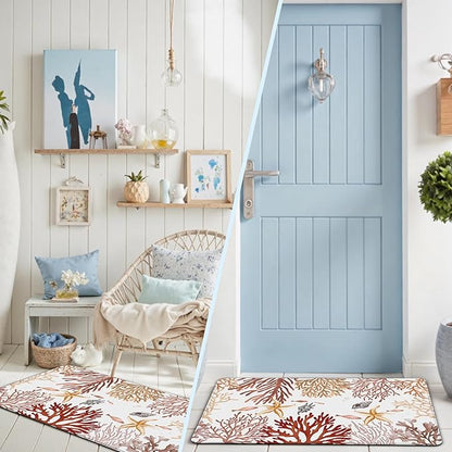 Kitchen Mats for Floor Cushioned Anti Fatigue Sets of 2 Coastal Kitchen Rugs Non Slip Waterproof Nautical Foam Kitchen Floor Rug Beach Theme Coral Fish Comfort Standing Mat for Sink Laundry, Red