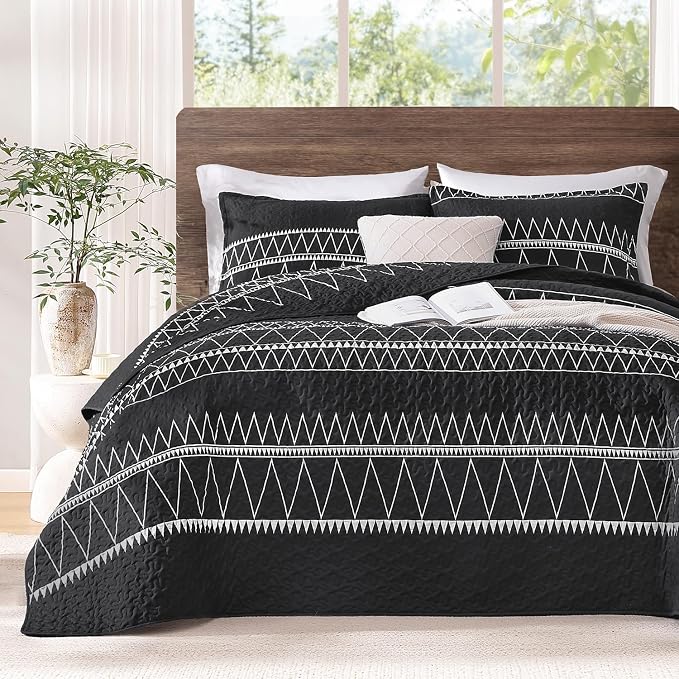 Black Twin Quilt Set, 2 Pieces Boho Lightweight Striped Bedspread | Soft Black - Image 2