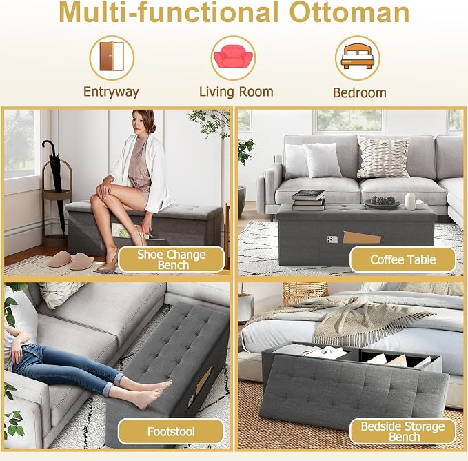 43" Folding Storage Ottoman Bench, End of Bed Foot Rest Stool - Image 7