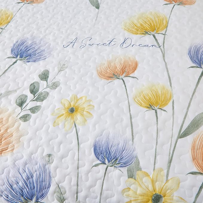 Dinjoy Floral Quilt Set Twin Size, 2 Pieces Blue Yellow Printed Bedspreads | - Image 3