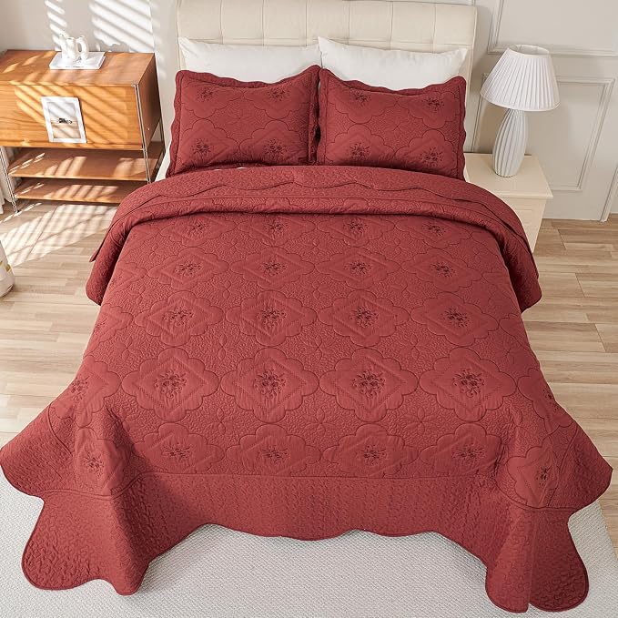 Cmfshape Floral Embroidery Quilt Set, 3 Pieces Queen Quilt Bedding Set - Image 4