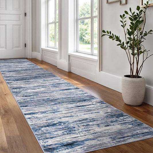 2.6x12 Modern Abstract Runner Rug for Hallways, Navy Blue Gray Neutral Multi Super Soft Hallway Decor Kitchen Rugs with Non-Slip, Non-Shedding Washable Rug for Entryway Bedroom Indoor