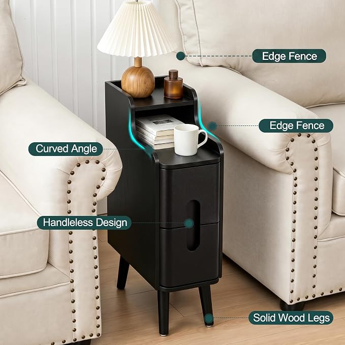 FurSch Narrow Nightstand Set of 2, Wooden Small 2 Drawer, Skinny Bedside Table - Image 9