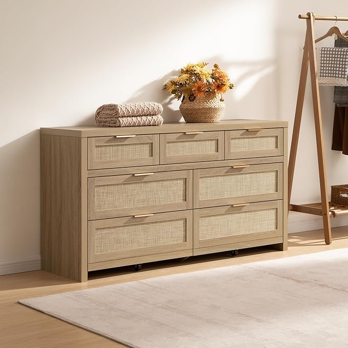 SICOTAS 7 Drawer Dressers for Bedroom Set 2, Long Rattan Dresser, Dresser TV Stand, Closet Organizer Chest of Drawers, Clothes Storage Dressers (Reclaimed Light Oak, 7 Drawers (2 pcs))