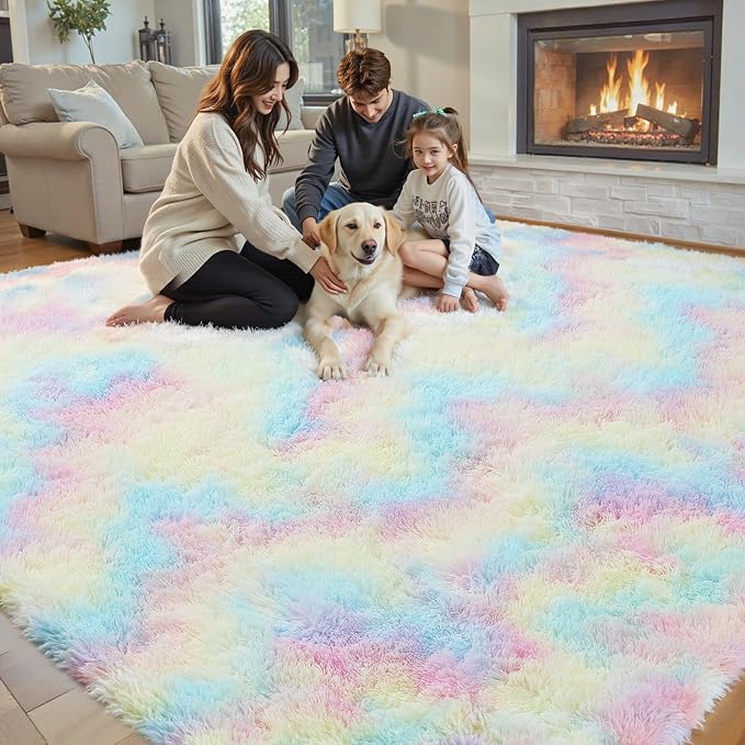8x10 Area Rugs for Living Room, Rainbow Large Shaggy Carpet Plush Furry Rug | - Image 4