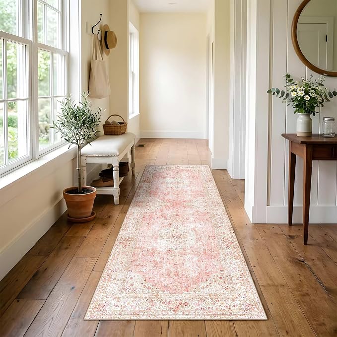 Latte&Fog Washable Hallway Runner Rug 2x6 Non Slip Pink Rugs - Image 2