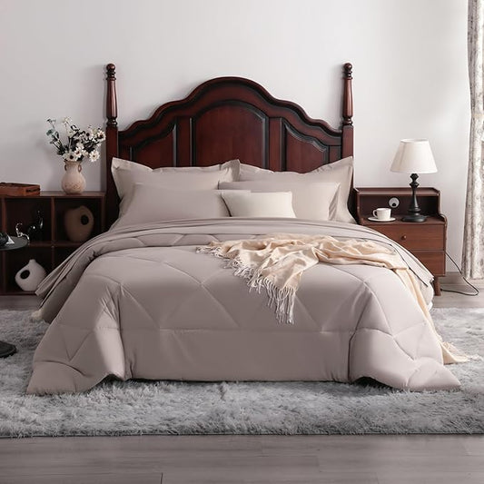 7-Piece King Comforter Set with Sheets – Soft and Breathable All-Season King Bed in a Bag, Down Alternative Comforter Set Solid Color All Season, Light Taupe