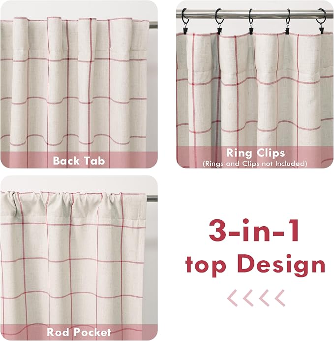 DriftAway 100% Blackout Plaid Linen Curtains 96 Inches Long 2 Panels Red | 100% - Image 5