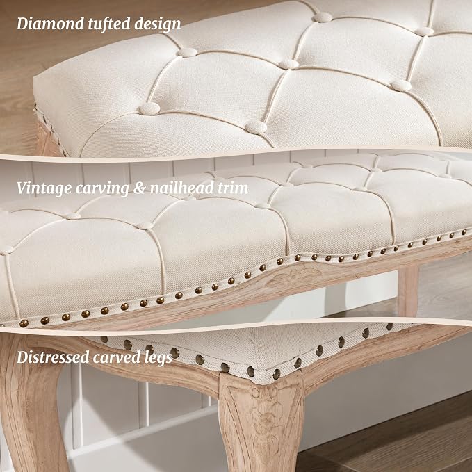 Bedroom Bench, French Vintage Tufted Entryway Bench, 45.2" Carving Upholstered - Image 5