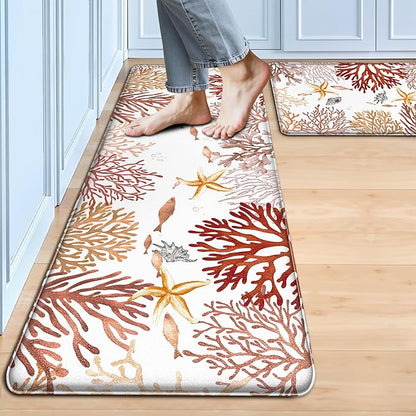 Kitchen Mats for Floor Cushioned Anti Fatigue Sets of 2 Coastal Kitchen Rugs Non Slip Waterproof Nautical Foam Kitchen Floor Rug Beach Theme Coral Fish Comfort Standing Mat for Sink Laundry, Red