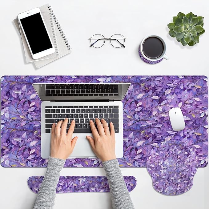 Britimes Purple Oil Painting Leaves Keyboard Mouse Pad Set Plant 4in1 Large Mousepad+Keyboard Wrist Rest+Mouse Wrist Rest+Coaster Ergonomic Design for Home Office Computer 35.4x15.7 inches