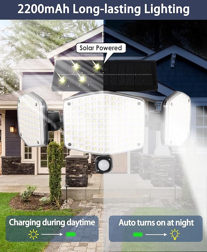 HAARAY Solar Motion Lights Outdoor with Stake, 208 LED 270° Illumination Security Flood Lights for Yrad Garden Pathway, 3 Modes, IP65 Waterproof, In-Ground or Wall Mount