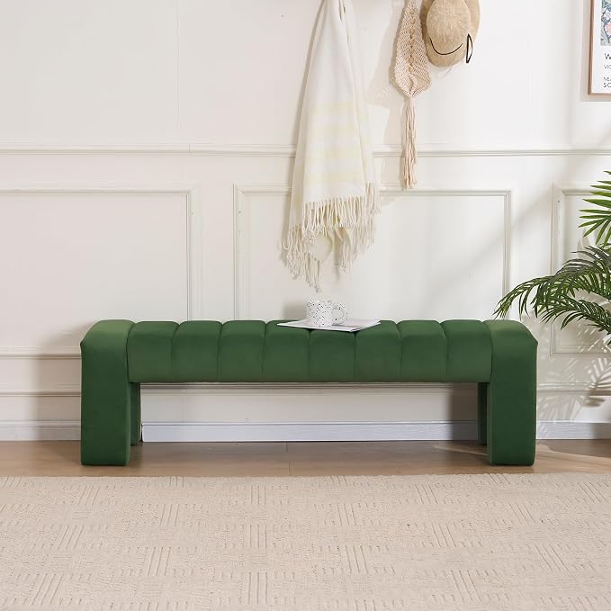 59" Velvet Bench for Bedroom King Size Bed Window End of Bed, Olive Green | by AIITTCC