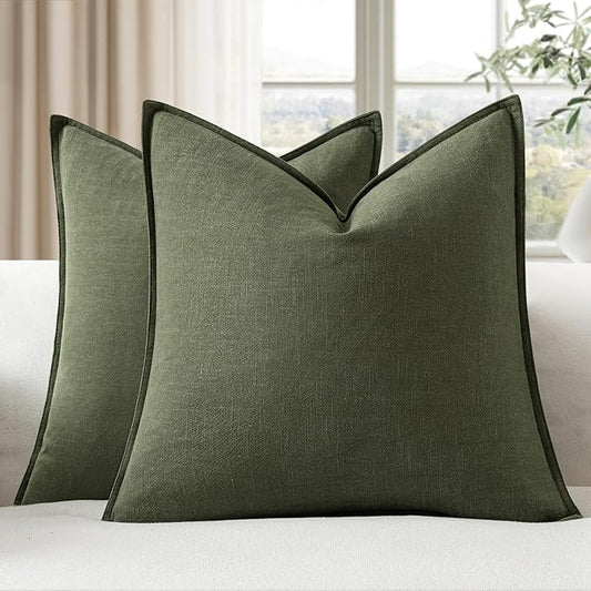 EMEMA Decorative Linen Throw Pillow Covers 20x20 Inch Dark Olive Green Boho Farmhouse Neutral Couch Throw Pillows for Bed Pack of 2 Accent Pillowcase Modern Sofa Cushion Livingroom Home