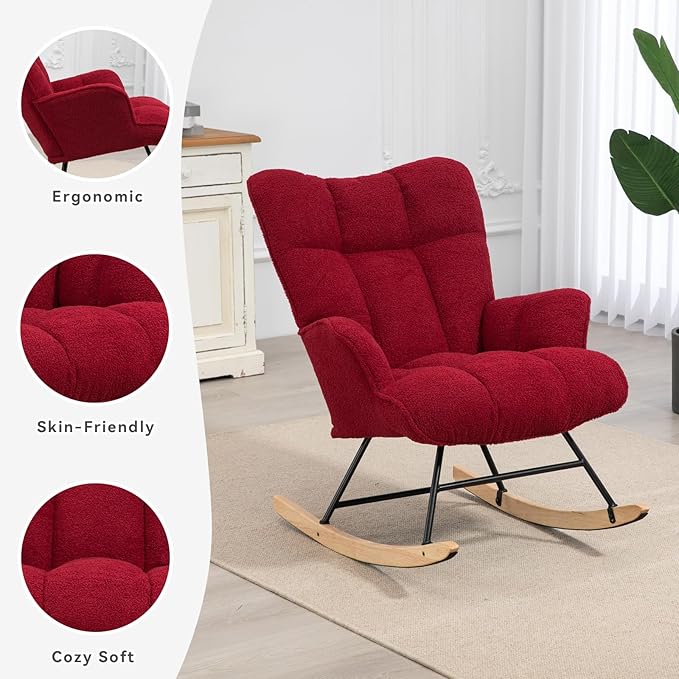 Rocking Chair Nursery Teddy Upholstered Glider Rocker Rocking Accent Chair Padded Seat with High Backrest Armchair Comfy Side Chair for Living Room Bedroom Offices (Burgundy Teddy)