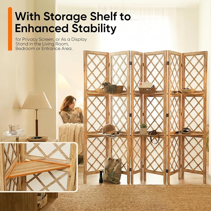 Japanese Room Divider with Shelves, Shoji Screen Diamond Lattice Design - Image 4