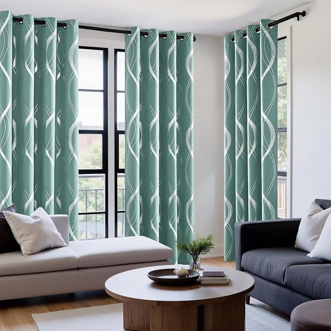 NICETOWN Aqua Blue Foil Print Curtains 90 inch Long - Image 2