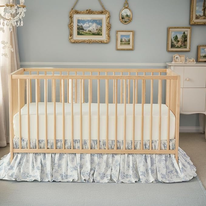 Brandream French Country Toile Floral Print Cotton Crib Skirt Toddler Bedskirt Baby Nursery Crib Bed Skirt Boho Bohemian Neutral Blue Farmhouse Chic Ruffles Skirt