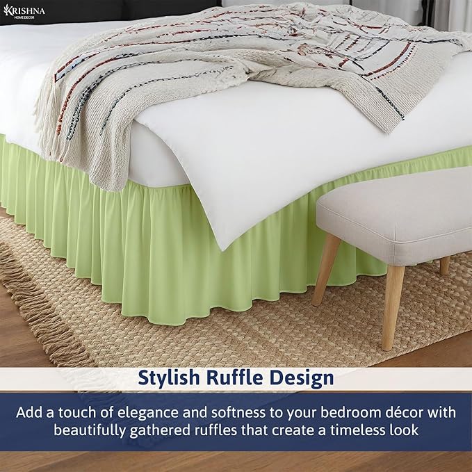 KRISHNA Ruffled Bed Skirt with Split Corners Full, 100% Microfiber Hotel Quality, 28 Inch Drop Dust Ruffle Gathered Bedskirt with Platform, 54" x 75", Sage