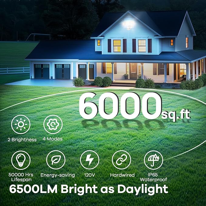 OREiN 42W 6500LM Motion Sensor Outdoor Flood Light, Hardwired LED Security Light, 4 Lighting Modes, Dual PIR 240° Detection, Dusk to Dawn, IP65 Weatherproof for Garage, Driveway, Backyard, Farm