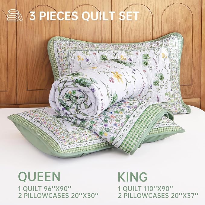 WONGS BEDDING Floral Quilt Set Queen，3 Pcs Green Bedspreads Coverlet Set | - Image 7
