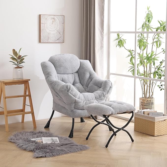 Lazy Chair with Ottoman, Comfy Accent Reading Chair, Plush Grey | Foldable - Image 4