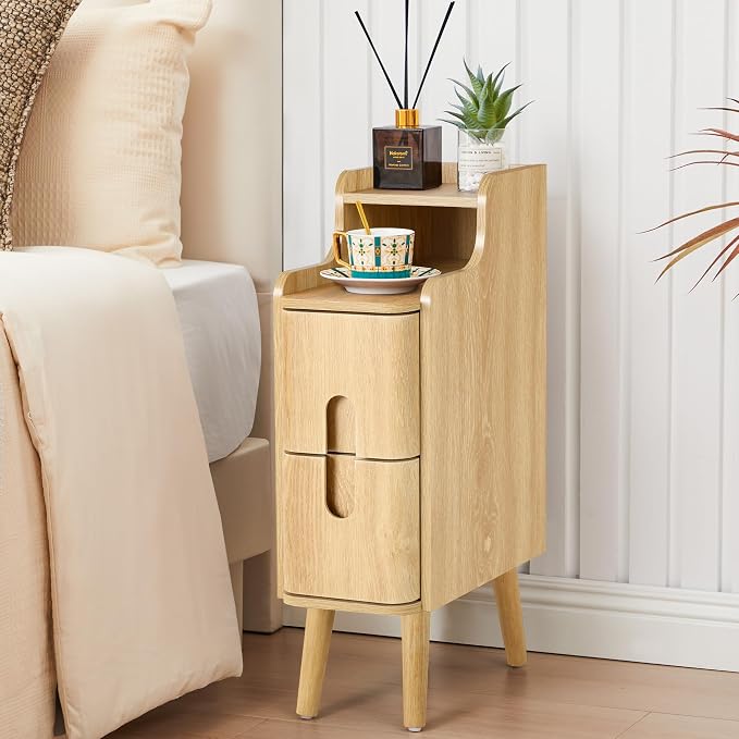 Narrow End Table Living Room, Wooden Small 2 Drawer Nightstand Bedroom - Image 7