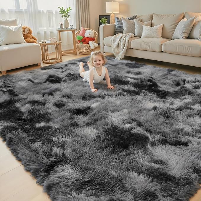 Fluffy Rug Shag Area Rug, Dark Grey Tie-Dyed 3x5 Area Rugs - Image 6