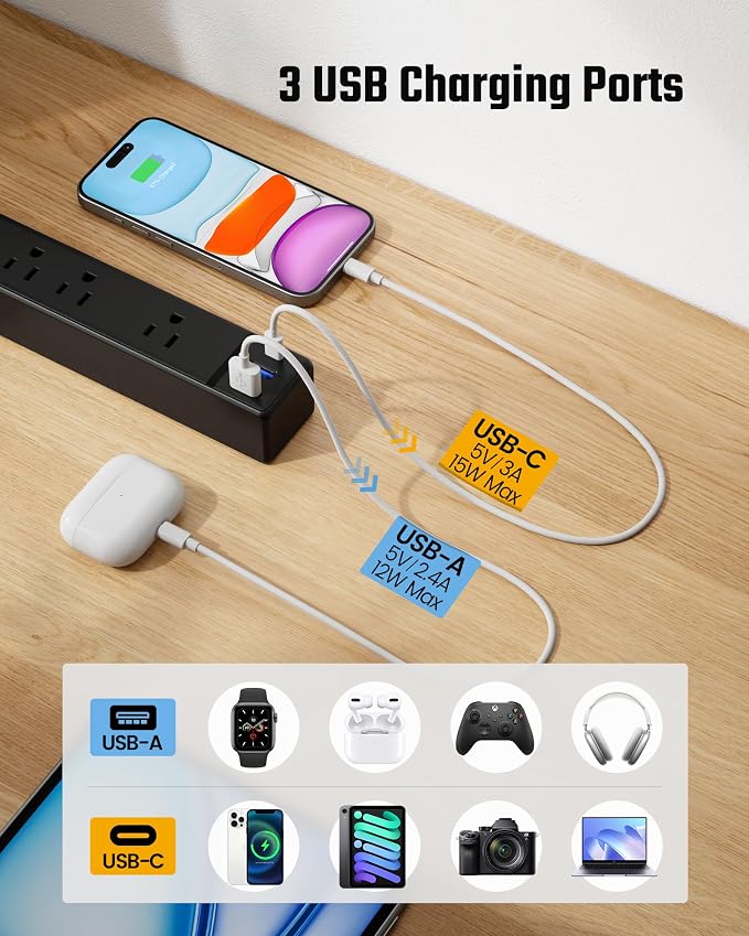 10Ft Long Extension Cord, SUPERDANNY Flat Plug Surge Protector Power Strip | - Image 4