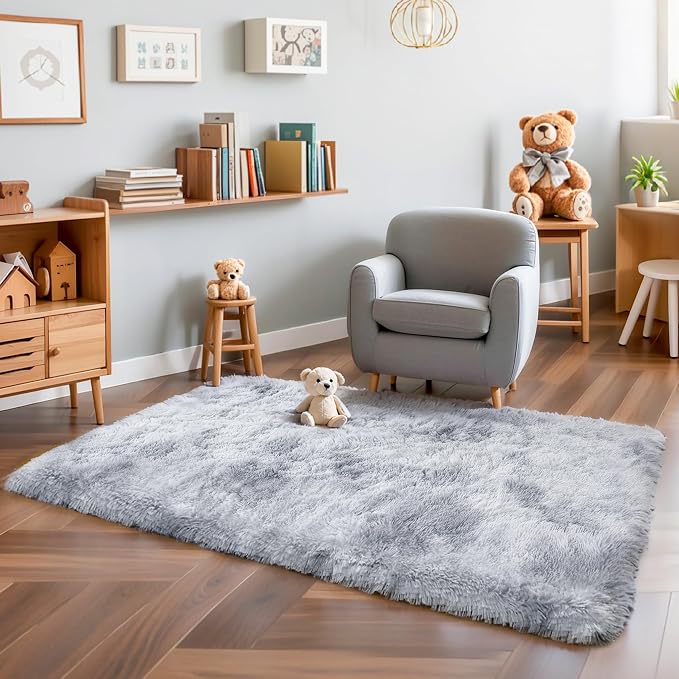 3x5 Thick Tie-Dye Gray Fluffy Shag Rug by KICHOWUA