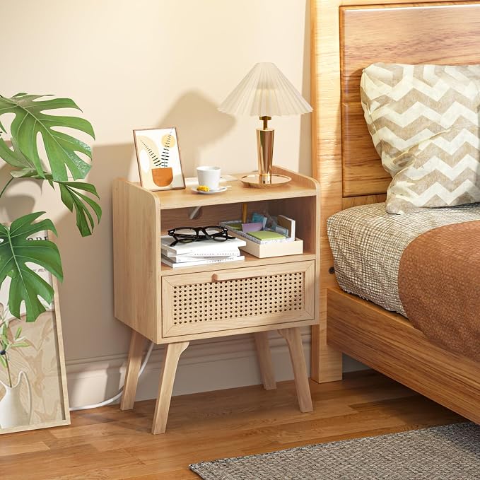 Lerliuo Rattan Nightstand with Charging Station, Boho Night Stand | Handmade - Image 2