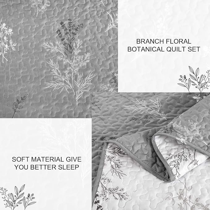 DJY King Size Grey Botanical Quilt Set, Floral Bedspread Coverlet | Lightweight - Image 6