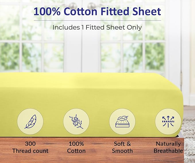 ROYALE LINENS 300 Thread Count 100% Long Staple Combed Cotton Fitted Sheet Full - Super Soft Deep Pocket Bottom Sheet - Fitted Sheets Only - Elastic Sheets (Full, Yellow)
