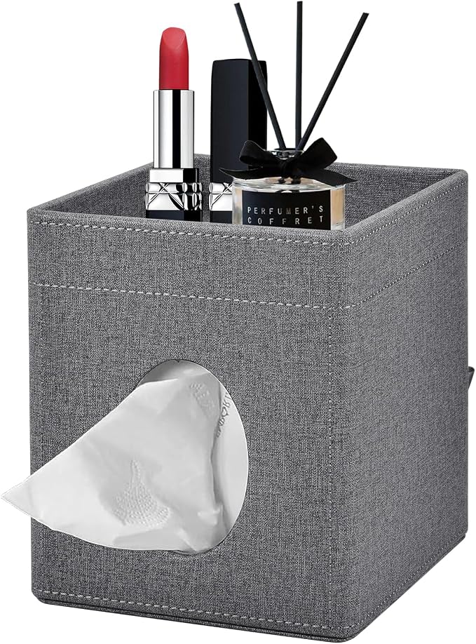 Tissue Box Cover with Storage Tray Square Tissue Box Holder PU Leather Facial by XNONE