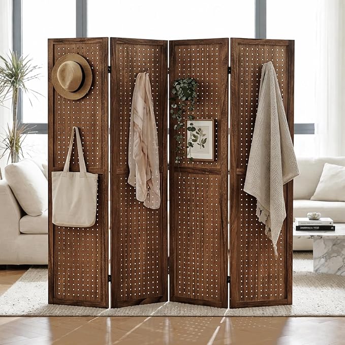 4 Panel Pegboard Room Divider, Folding Privacy Screen, Freestanding Wooden by Leesinwing