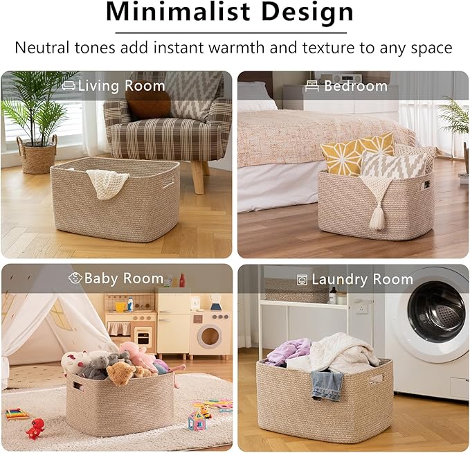 OIAHOMY Cotton Rope Basket, Rectangle Woven Nursery Blanket Basket, Toy Storage - Image 6