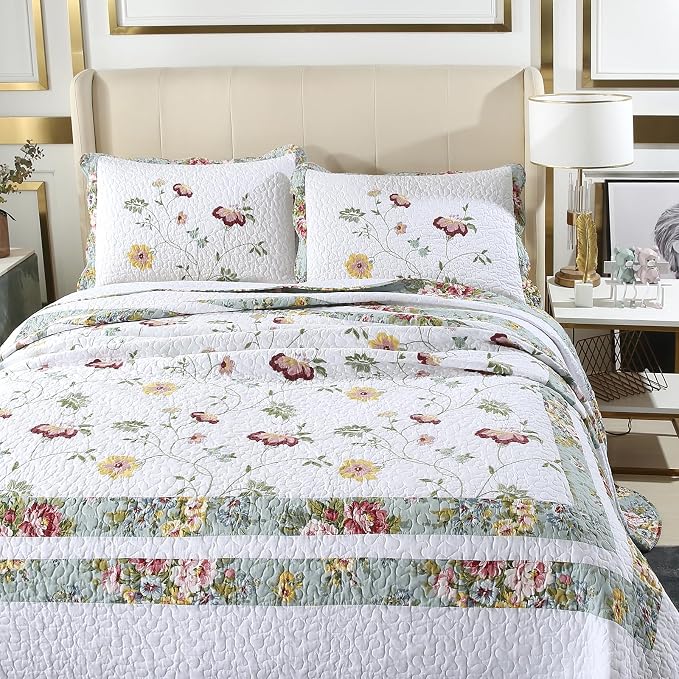 ROOMLIFE 100% Cotton Quilt Set Full Elegant Floral Embroidery 3-Piece | - Image 4