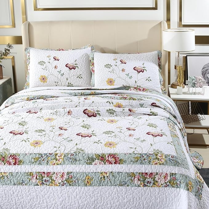 ROOMLIFE 100% Cotton Quilt Set King Elegant Floral Embroidery 3-Piece | - Image 4