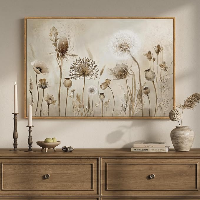 Framed Vintage Botanical Floral Wall Art, Neutral Rustic Flower Canvas Artwork by Cuspin