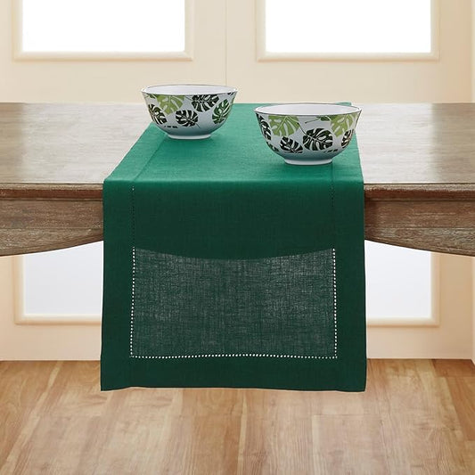 Solino Home Linen Table Runner 108 Inches Long - 100% Pure Linen Rainforest Green Table Runner 14 x 108 Inch for Christmas, New Year - Classic Hemstitch