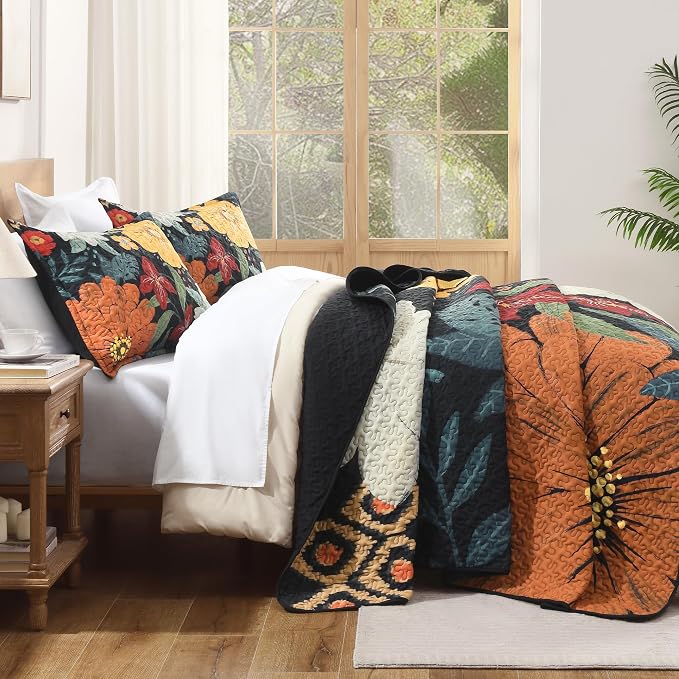 California King Quilt, Cal King Oversized Black Floral Bedspread | 3 Pieces - Image 3