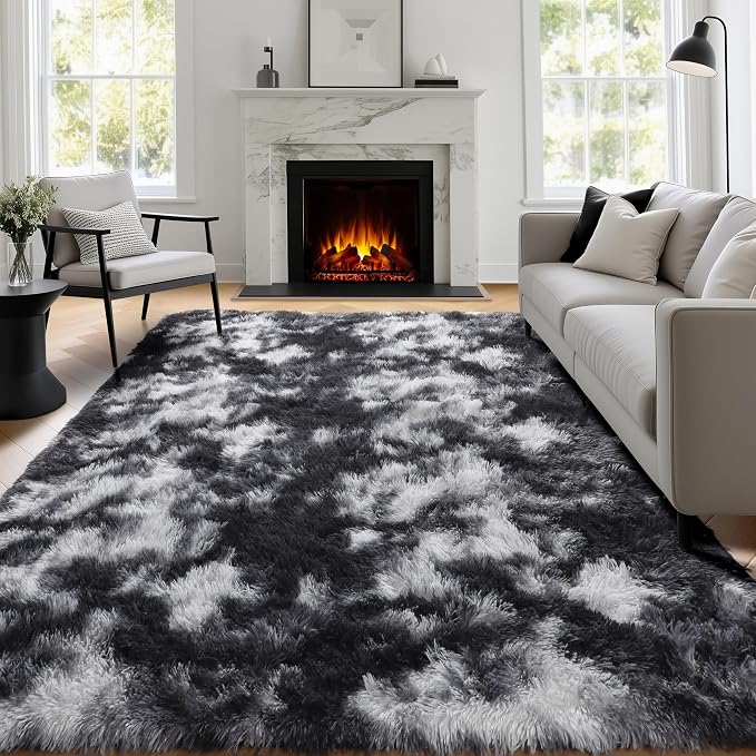 Black White Grey Rugs for Living Room 5x8, Shag Fuzzy Fluffy Rectangular Rugs - Image 4