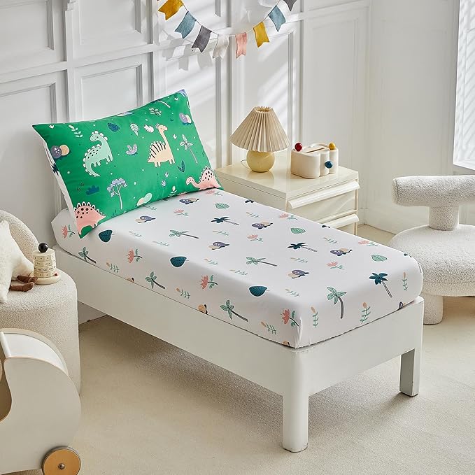 DuShow Dinosaur Toddler Bedding Set for Boys, 4 Pieces Soft Crib Bed Set Including Comforter, Fitted Sheet, Flat Top Sheet and Pillowcase-Green