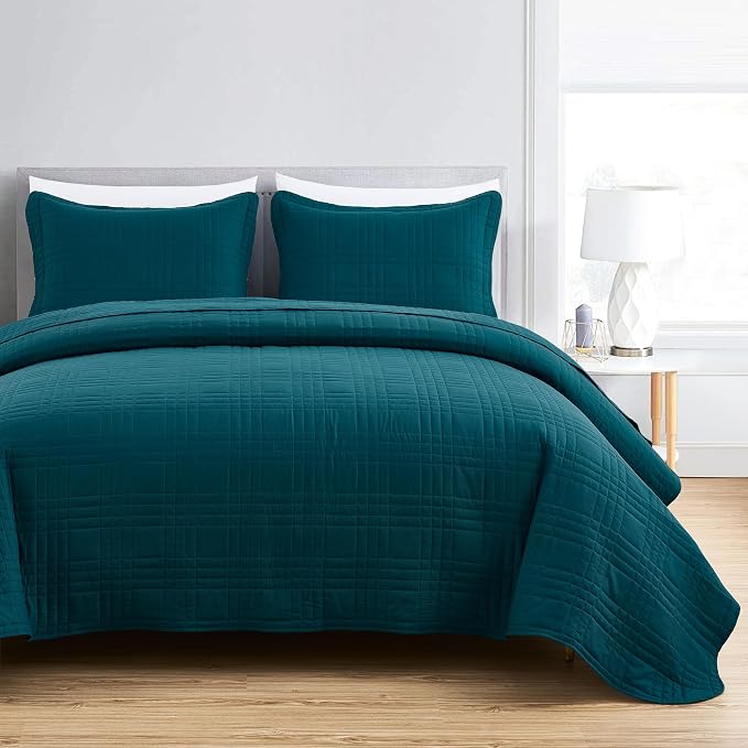 Chezmoi Collection Kingston Queen Size Bedspread Set, 3-Piece Teal Oversized - Image 2