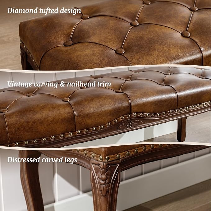 Bedroom Bench, French Vintage Tufted Leather Bench, 45.2" Carving Upholstered - Image 4