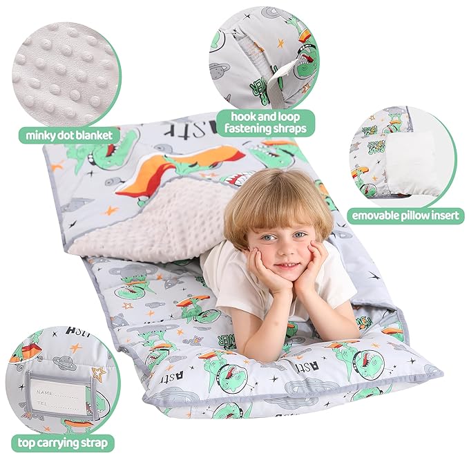 Viviland Toddler Kid Nap Mat for Preschool, Grey Dinosaur Slumber Bag, Daycare Sleeping Bag with Pillow and Blanket, Kindergarten Sleep Mat
