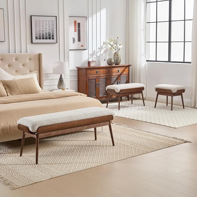 BFZ 37.4" Upholstered Bedroom Bench Walnut Wood Frame Entryway Bench | Padded - Image 7